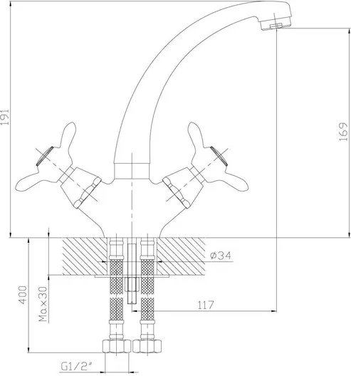 Смеситель Rossinka Q02-64 для кухни  двуручный с высоким поворотным изливом, хром