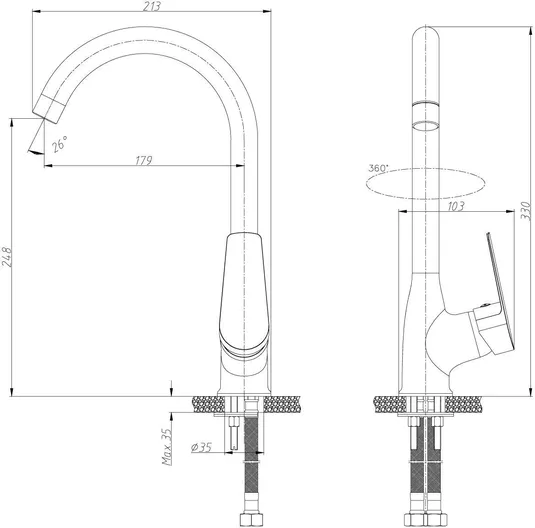 Смеситель Rossinka S35-23 для кухни с высоким поворотным изливом, хром