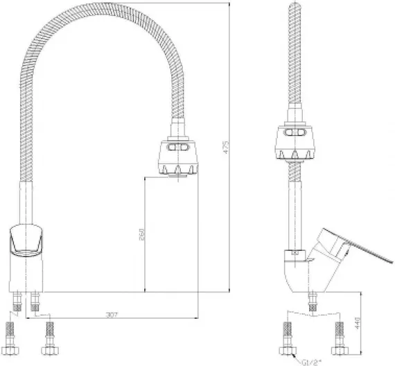 Гибкий излив Rossinka AC-25 с 2-х функциональным аэратором, хром