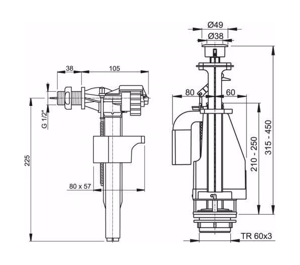 Арматура для сливного бачка, 1/2" двойная кнопка, боковая подводка, металлический клапан, Чехия, sa08 k, Alcaplast