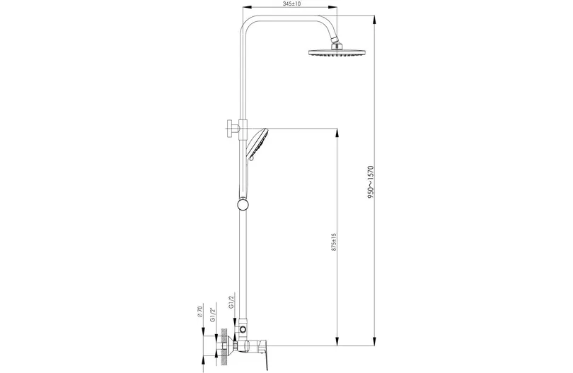 Душевая стойка Rossinka S35-45 со смесителем, с верхней лейкой "тропический дождь", ручная пятифункциональная лейка, хром